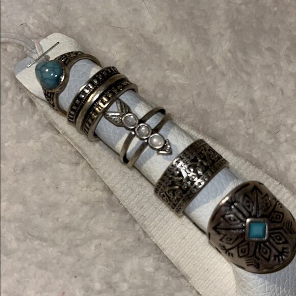 Free People Bohemian Silver Ring Set of 5 with Turquoise Accents - Picture 1 of 5